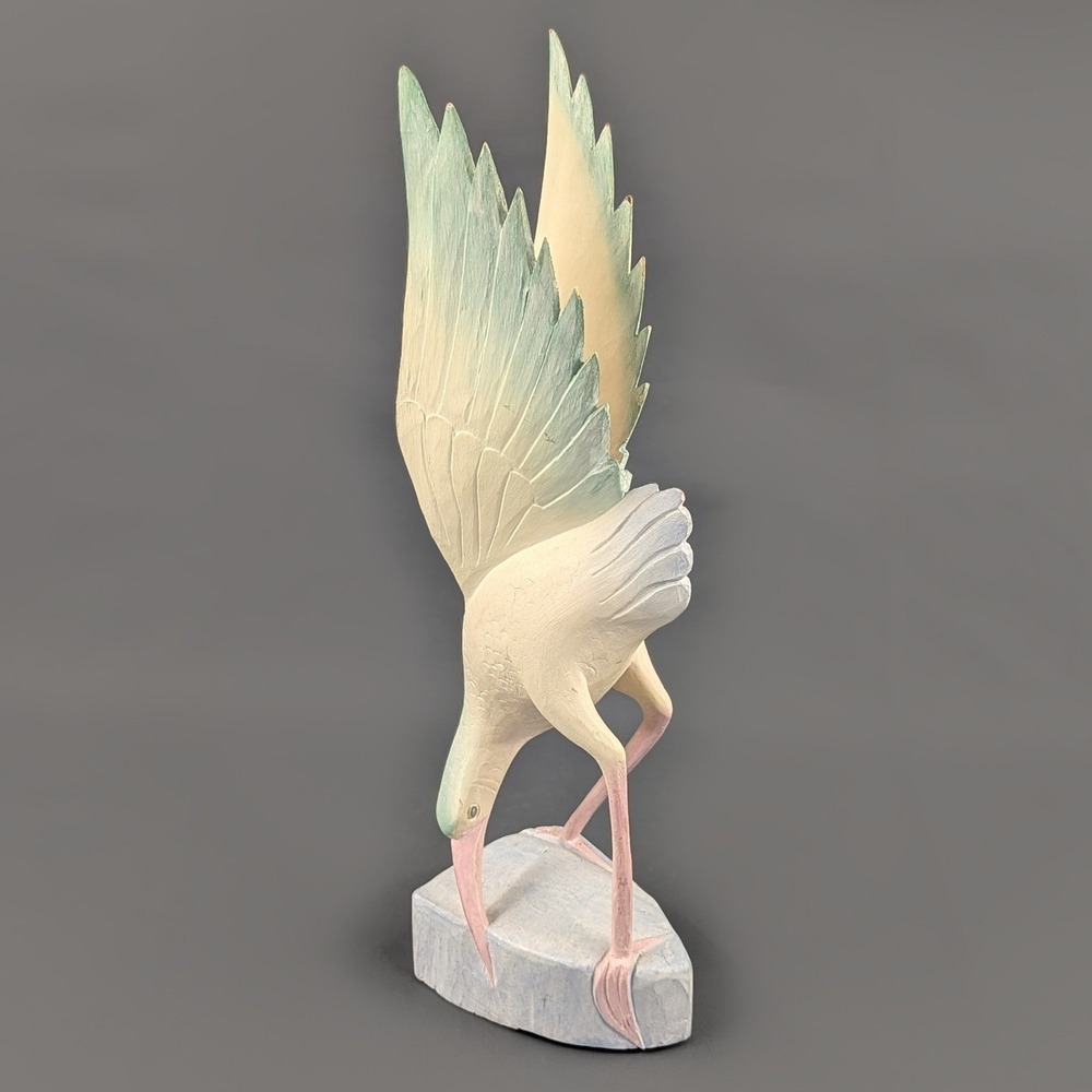 Hand Carved Wood Shorebird Heron Figurine Pastel Coastal Folk Art 17 Inch